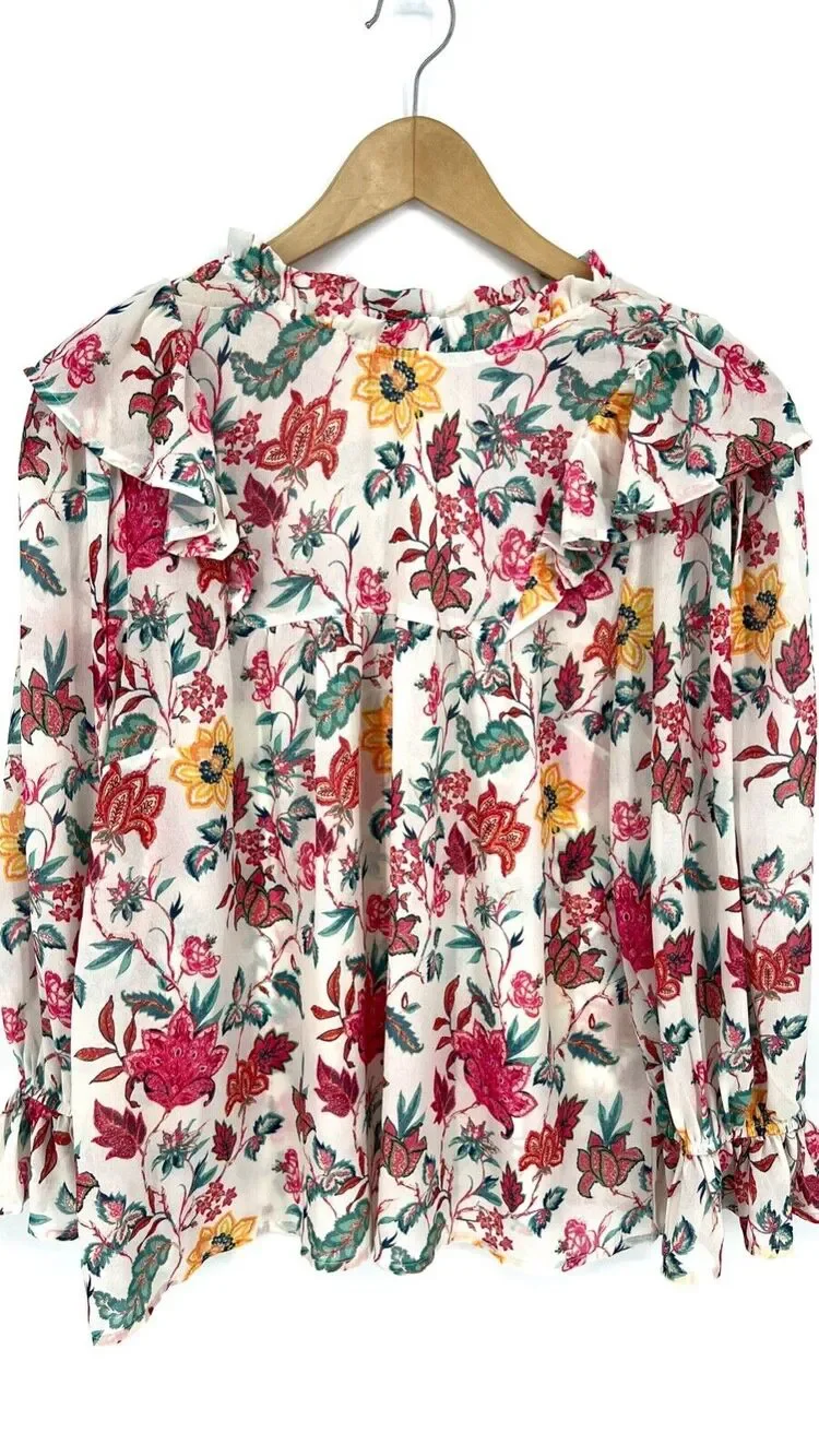 Flying Tomato Floral Print Ruffle Trim Blouse Size L
